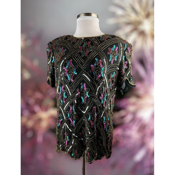Vintage Papell Boutique Silk Sequin Beaded Embellished Top Black Plus Size 2X - Picture 2 of 12